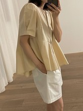 韩国东大门2024夏季新品爱心纽扣百褶荷叶摆短袖衬衫女
