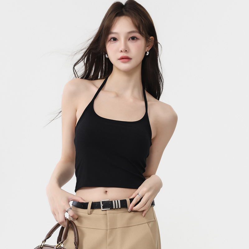 Halter Neck Camisole for Women, Summer Style with Built-In Bra, Outerwear, Beautiful Back, Round Neck, Solid Color, Slim Fit Halter Neck Camisole for Women, Summer Style with Built-In Bra, Outerwear, Beautiful Back, Round Neck, Solid Color, Slim Fit