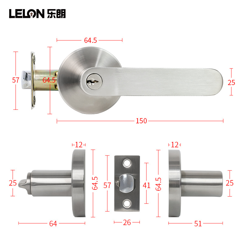 Acero inoxidable sólido de mano cerradura de puerta de tres barras transfronteriza cerradura esférica interior sin llave baño