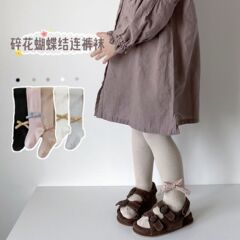 Children's tights with leggings for spring and autumn, baby socks with floral patterns and bow ties, solid color, thick children's socks