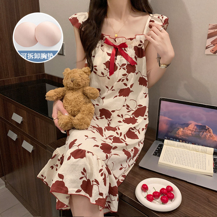 2024 con cojín de pecho ropa para el hogar nubes de verano algodón princesa pijama de viento delgado dulce y sexy vestido de pijama de la niña