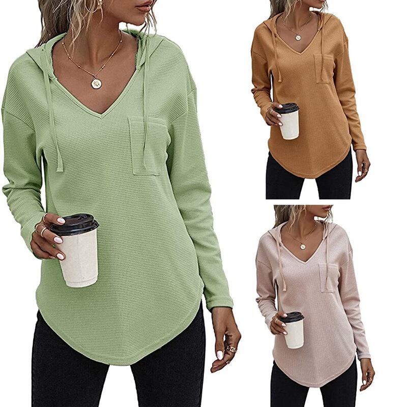 Amazon Independent Station New Women's V-neck Long Sleeve Hoodie Waffles Women's Drawstring Pullover Top Pocket