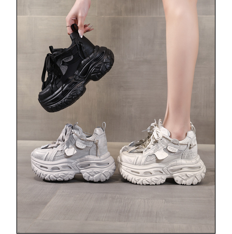 Giày sneaker nữ đế dày tăng chiều cao, lưới thoáng khí, phong cách thể thao — Tro thô chi tiết 16