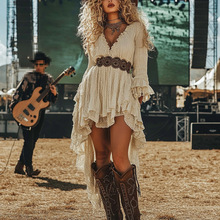 欧美西部音乐节摇滚狂欢派对荷叶边花卉流苏蕾丝复古连衣裙