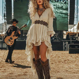 欧美西部音乐节摇滚狂欢派对荷叶边花卉流苏蕾丝复古连衣裙