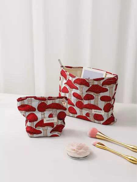New Vintage Artistic Mushroom Jacquard Fabric Cosmetic Bag Women's Hand Bag Storage Zipper Square Bag Wash Bag
