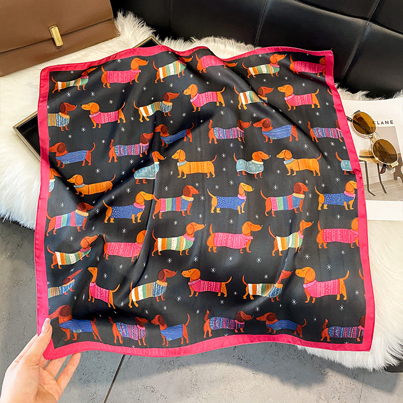 Spring and summer new style playful dachshund satin square scarf 70 silk scarf cute pet print headscarf versatile Japanese and Korean scarf