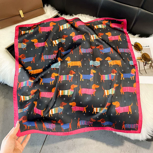 Spring and summer new style playful dachshund satin square scarf 70 silk scarf cute pet print headscarf versatile Japanese and Korean scarf