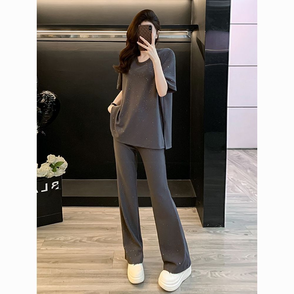 몸집이 작은 단색 개성 심플한 연예인 루즈한 신작 반팔 티셔츠 와이드 팬츠 캐주얼 스포츠 슈트 여성용