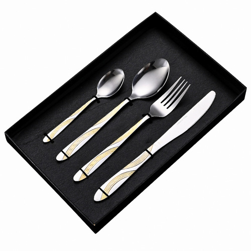 叉子不锈钢餐具西餐刀叉勺复古浮雕镀金勺子酒店牛排刀叉套装批发