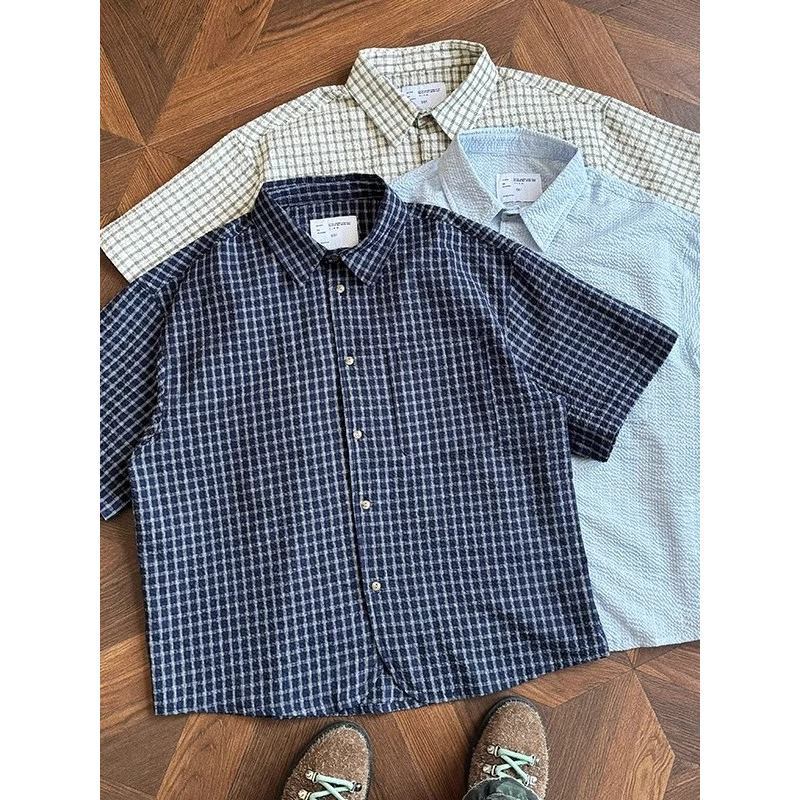 Japanese Retro Navy Blue Plaid Short-Sleeve Shirt for Men, Summer Bubble Gauze Versatile Short Silhouette Half-Sleeve Shirt