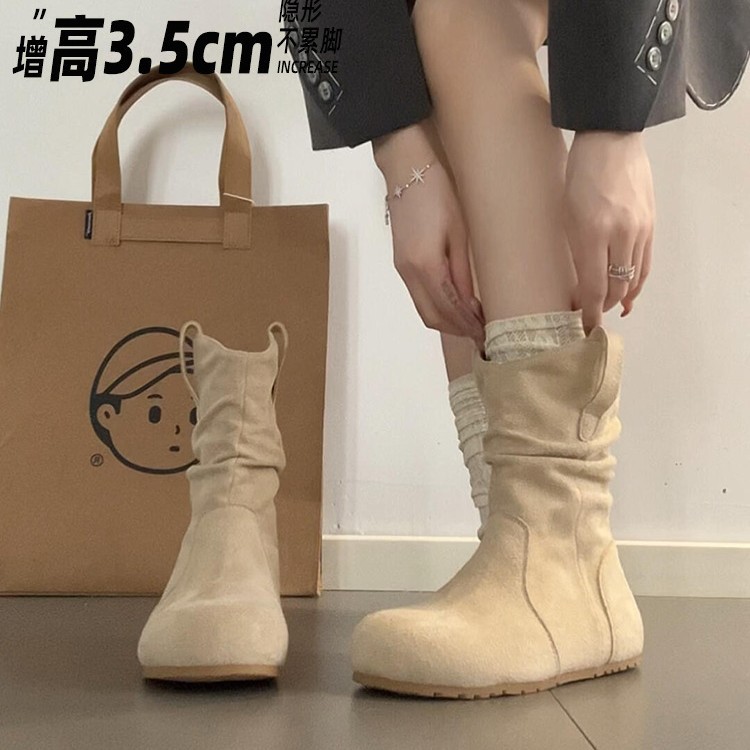 羊皮版！复古磨砂皮软底勃肯靴女美拉德褶皱堆堆靴圆头平底短筒靴