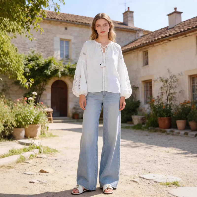 Nanyou Quality 2026 Spring New French Resort Style Hollow Embroidery Linen Shirt Loose Slimming Tie Shirt