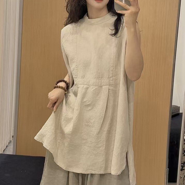 2025夏季新款汉 麻T恤衫女文艺时尚圆领纯色宽松套头无袖衬衣