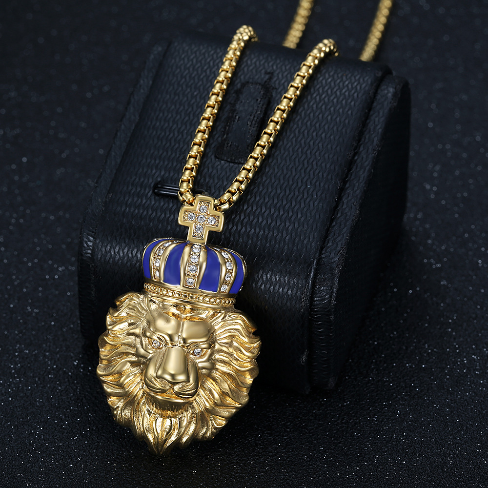 Titanium Steel Material Hip-Hop Lion Crown Titanium Steel Enamel Plating Rhinestones 18K Gold Plated Men's