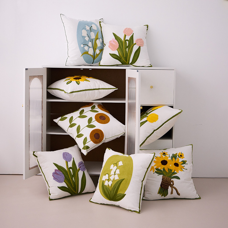 新しいクロスボーダー風の花柄タオル刺繍枕カバー、ベッドサイドクッション、ソファ、車、リビングルーム用枕、背もたれ、腰用、芯入り可能|undefined