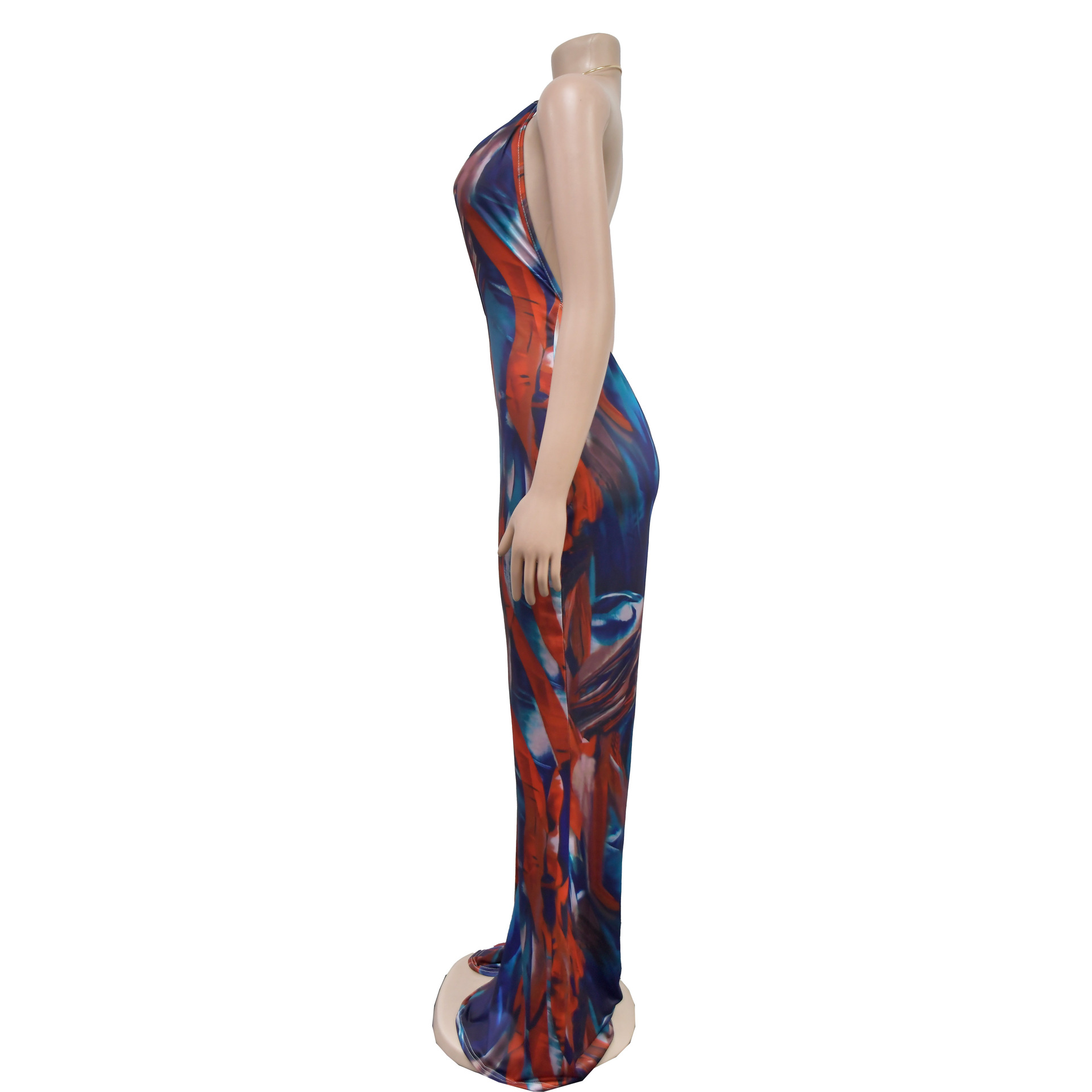 Women Wear Print Sleeveless Deep V Plunge Color Block Backless Long Conjoined Trousers