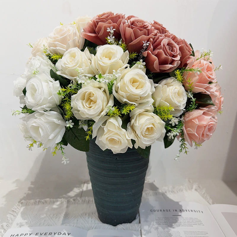 跨境仿真花玫瑰花束婚礼手捧花客厅桌面摆件高级感手工花绢花批发