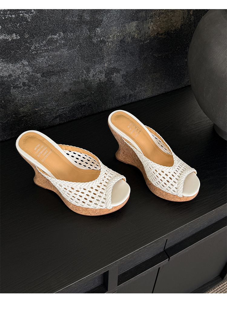 Sandal cao gót nữ đế xuồng mũi hở quai ngang bện đan — màu nâu, màu đen, màu trắng ngà chi tiết 13