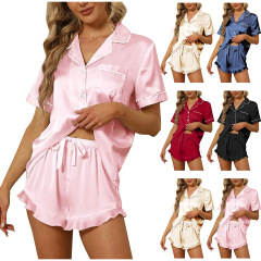 アマゾンeBay欧米国境を越えた女装シミュレーション糸夏半袖vネック純色サテンシャツパジャマセット