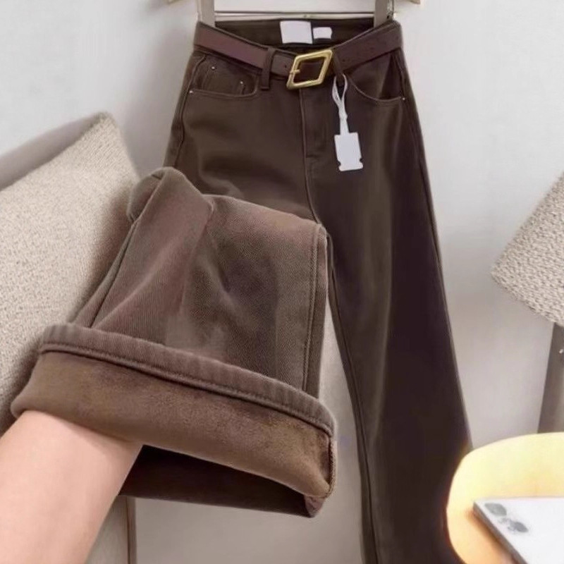 This Year's New Maillard Coffee Brown Velvet Wide-Leg Jeans for Women in Autumn and Winter Simple High-Waist Design Straight Pants