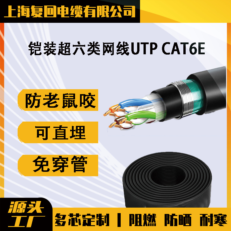 国标铠装超五/六类网线UTP CAT6E 0.5无氧铜POE监控双绞线 非屏蔽