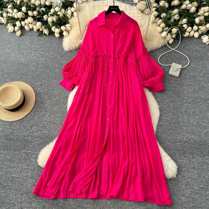 Artistic Retro Casual dress Women's 2025 Spring Dress Lazy Style Pleated Lantern Sleeve Loose Slimming Shirt Long Dress