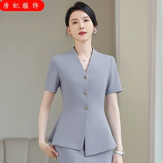 珠宝店夏季短袖V领小西装外套女裤裙子跨境批发美容院前台工作服