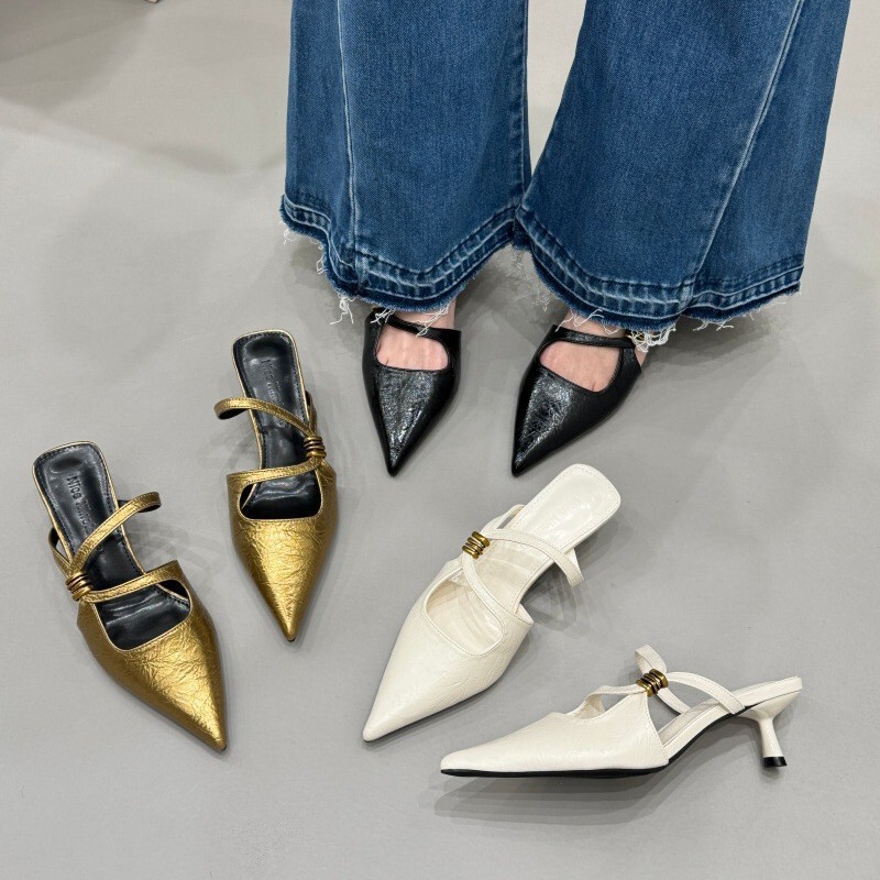 2026 Spring New Style Pointed Toe Thin Heel Mules for Women, Fashionable Versatile One-Strap Buckle High Heel Slippers, Light Luxury