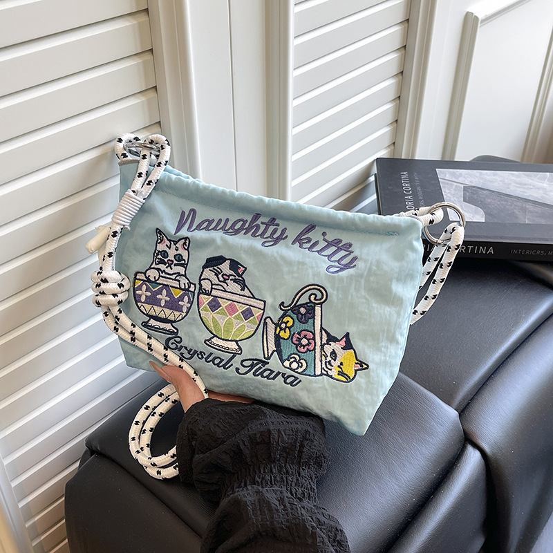 Ballchain Japanese Style Summer Teacup Cat Crossbody Women's Bag 2025 Cross-Border Export Embroidered Nylon Cloth Shoulder Bag