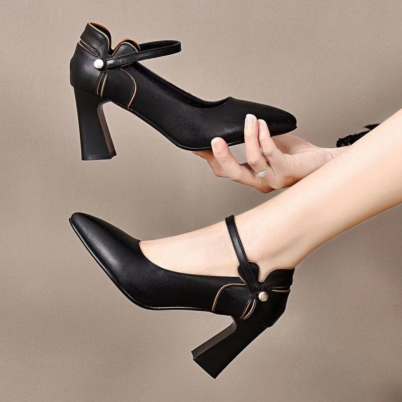 High Heel Pointed Buckle Shoes Women's Genuine Leather Korean Style Thick Heel Women's Shoes Beige High Heels Petal Shape Mary Jane Shoes