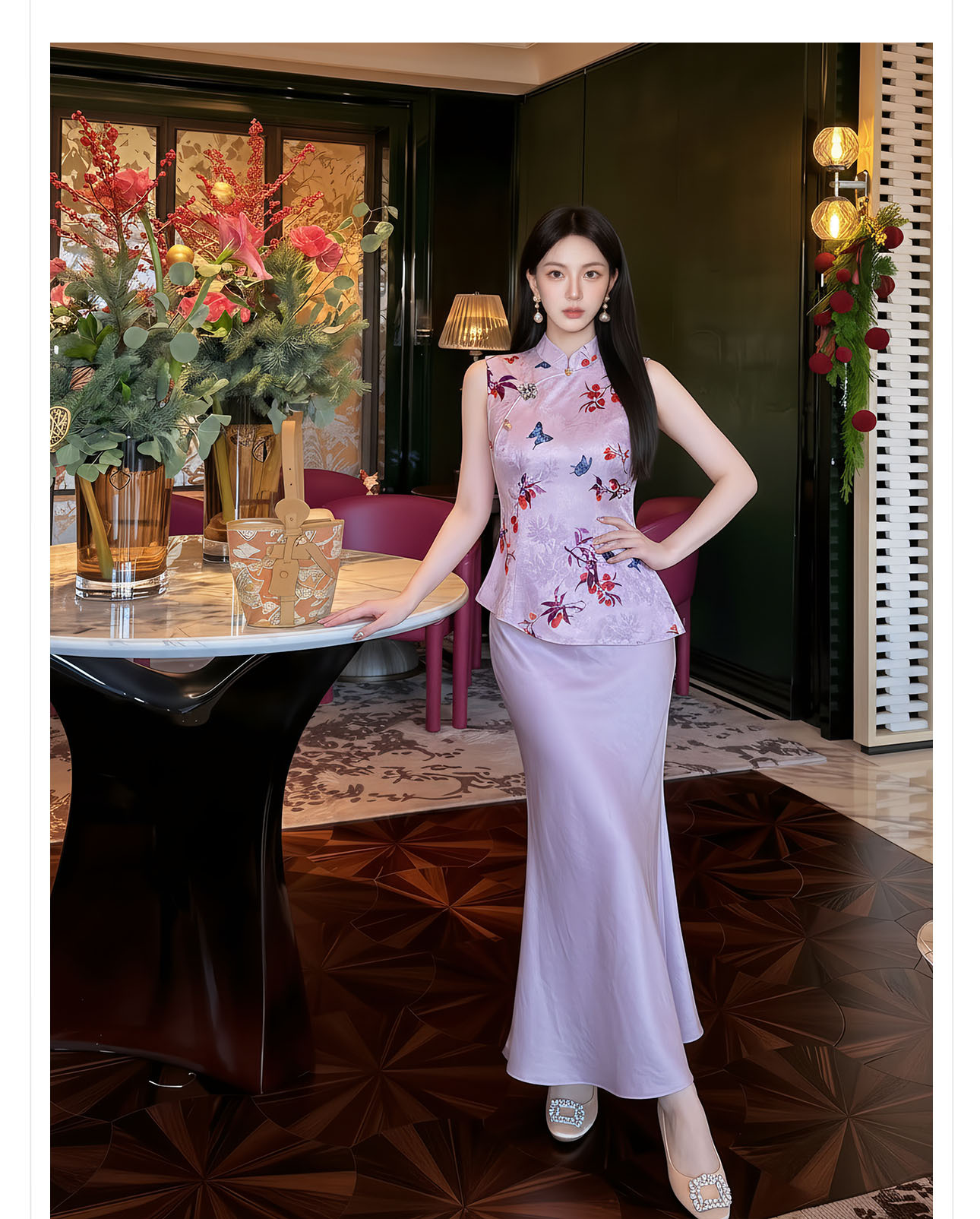 Áo gile nữ cổ đứng không tay họa tiết thêu hoa văn quốc phong — màu tím chi tiết 4