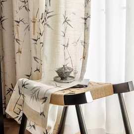 新中式国风窗纱水墨竹子透光不透人麻纱印花高级感法式中国风窗帘