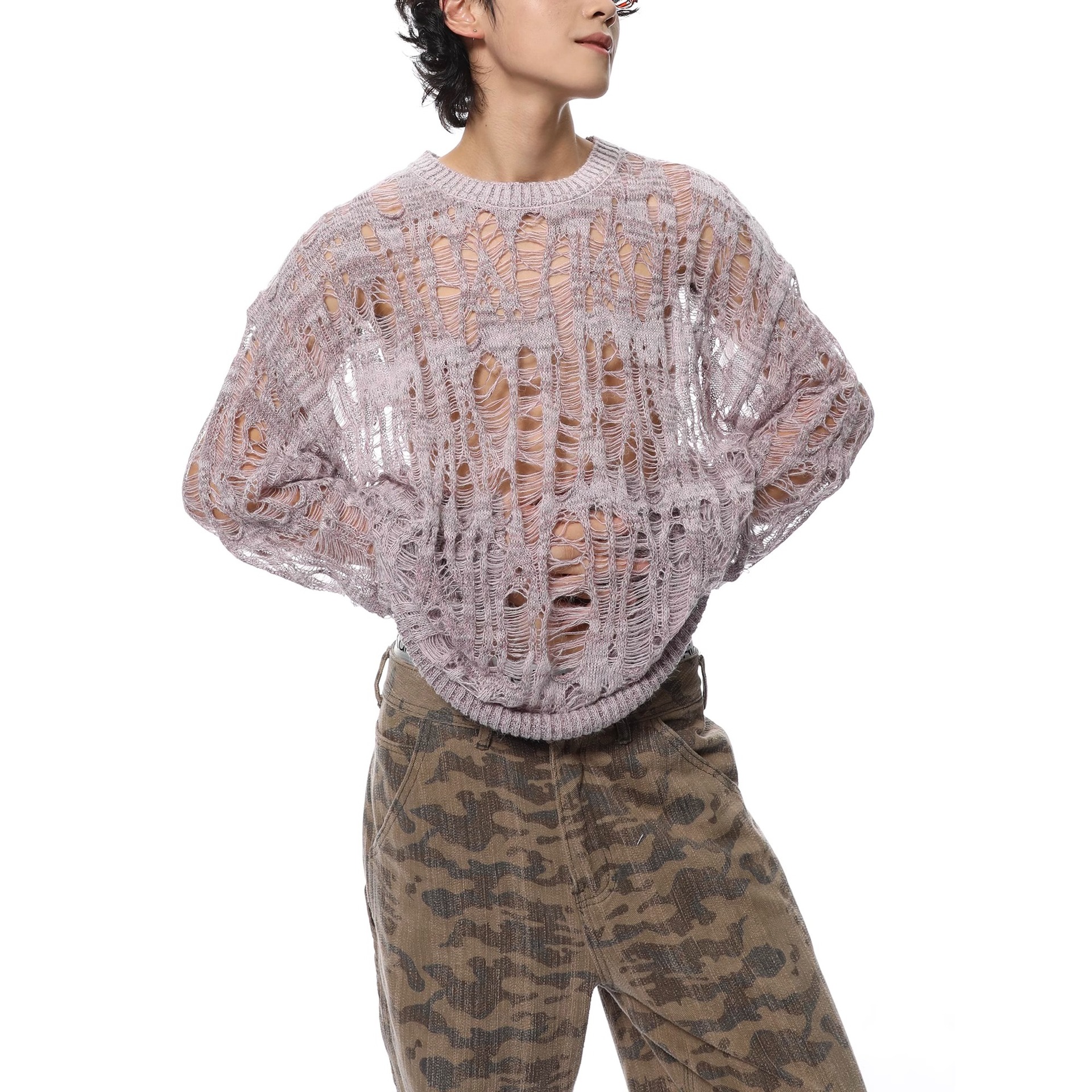 Diseño de nicho sensación de hollow overhead suéter hombre relajado casual versátil perezoso agujero jersey top