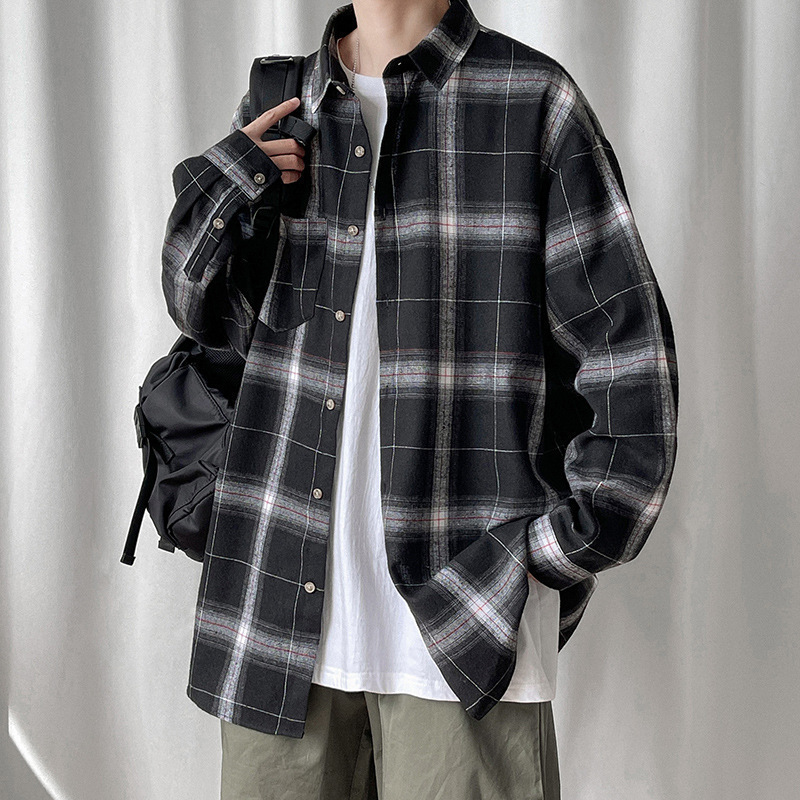 Spring and Autumn Classic Black and White Plaid Shirt for Men and Women, Long-Sleeved, Loose, Casual, Korean Style, Trendy, Versatile Shirt Jacket