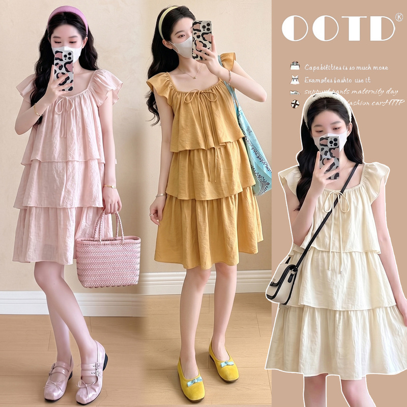 2026 Summer Off-Shoulder Two-Way Wear Maternity Cake Dress Korean Style Sweet Loose Belly-Covering Flutter Sleeve Chiffon Dress