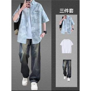 Summer shirt, trend jacket, set, jeans, with short sleeve, loose fit, for teenagers
