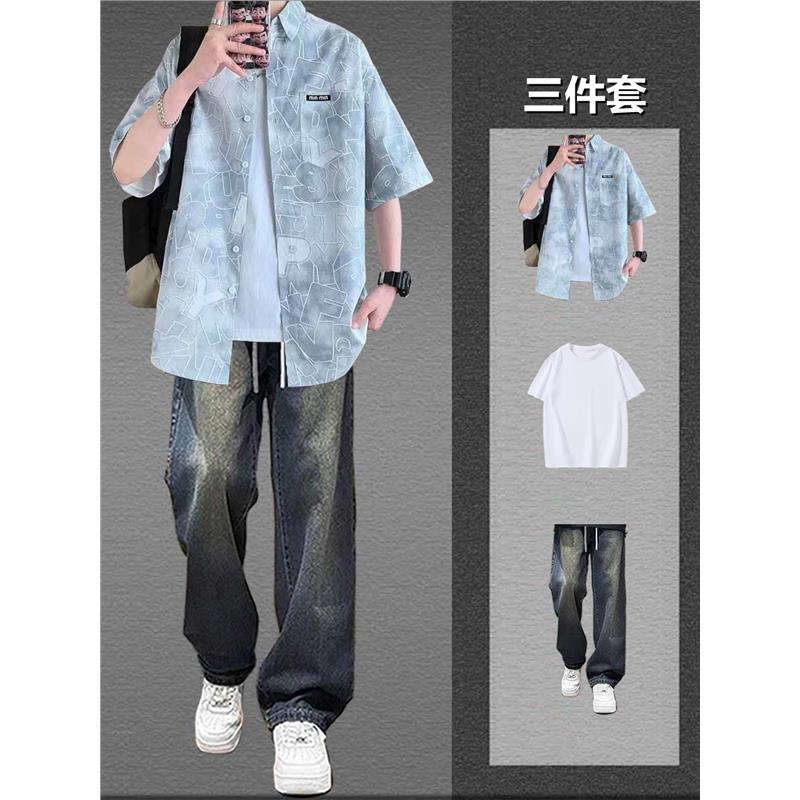Shirts, Summer Short-Sleeved Hong Kong Style Men's Loose-Fitting Youth Handsome Trendy Jackets and Suits Men's Jeans