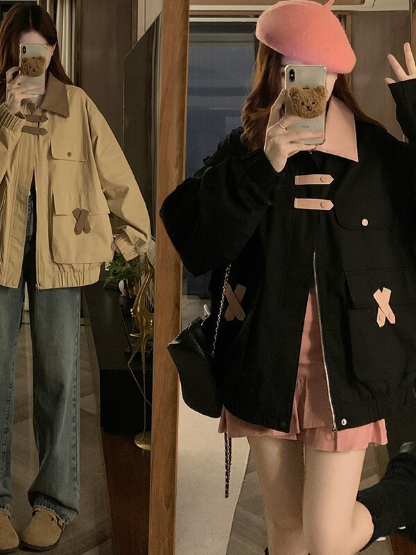 Real Shot of American Retro Patchwork Leather Lapel Jacket for Women, Autumn Workwear Coat Top