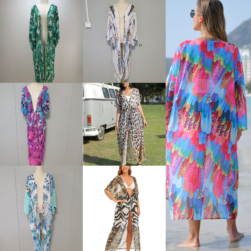 Blusa de playa europea y americana gasa impresa suelta vacaciones protector solar cardigan bikini blusa traje de baño chaqueta XF11