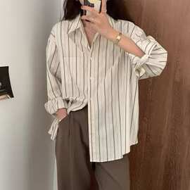 新款叠穿竖条纹衬衫女设计感小众长袖上衣宽松衬衣图片色露肩高弹