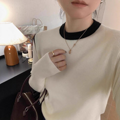 秋冬撞色圆领针织上衣女修身设计感内搭毛衣时髦百搭打底小衫