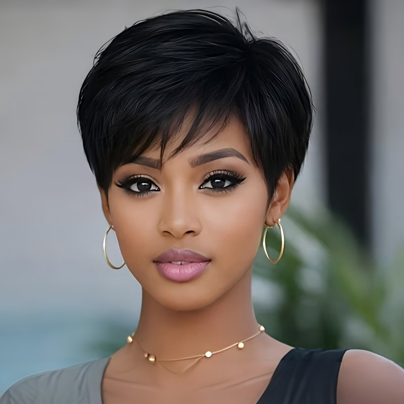 Cross-Border Popular Black Short Pixie Wig for Women, European and American Style, Lightweight Full Bangs, Realistic Hair Full Wig