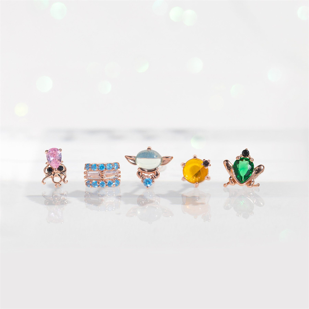 vintage octopus frog 18K gold plated copper zirconium piercing screw ball earrings