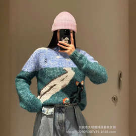 南油高定LW25秋冬新款复古别致拼色猫咪圆领宽松套头针织毛衣女装