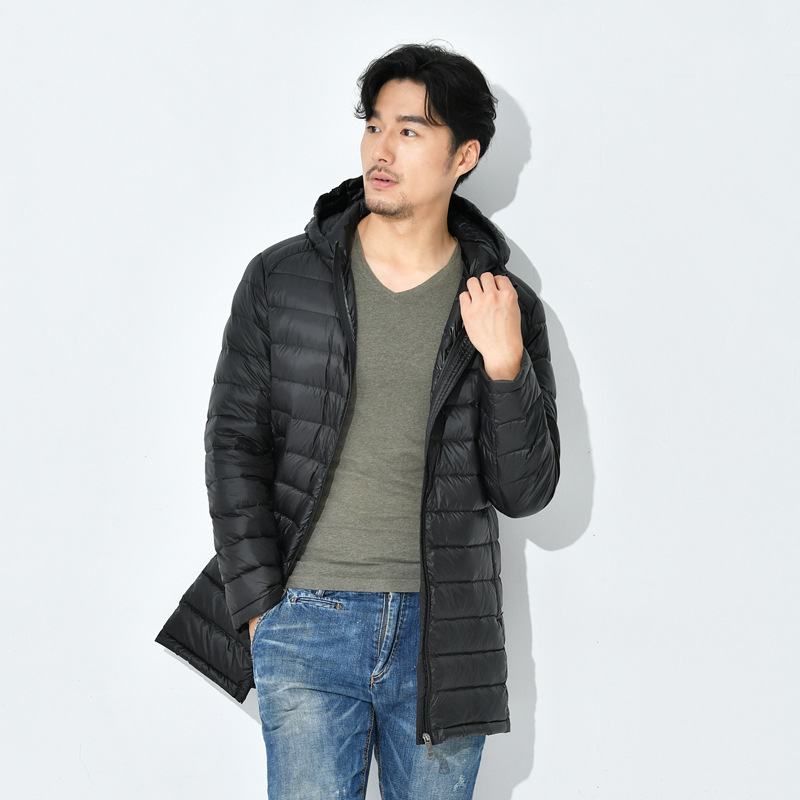 2024 겨울 경량 다운 재킷 중간 길이 남성 후드 대형 청년 및 중년 얇은 경량 다운 짧은 재킷