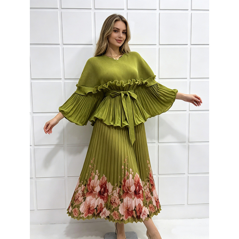 Cross-Border Foreign Trade Ruffled High-Waisted Bell-Sleeve Pleated Dress with Print, Slimming and Loose Fit