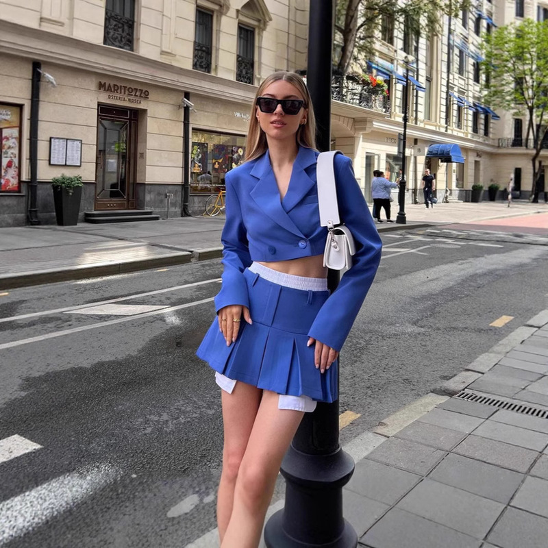 Ins Amazon Hot Selling Women's Two-Piece Short Skirt Suit Double-Breasted Short Suit Jacket Pleated Mini Skirt Ins Amazon Hot Selling Women's Two-Piece Short Skirt Suit Double-Breasted Short Suit Jacket Pleated Mini Skirt