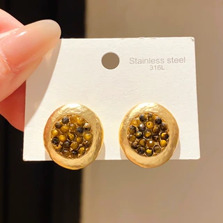银针圆形褶皱石头耳钉法式秋冬复古百搭耳环小众高级感通勤耳饰女