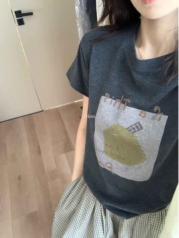 Hers一勺甜秋季韩系简约风小众图案印花正肩圆领短袖T恤女92304|undefined